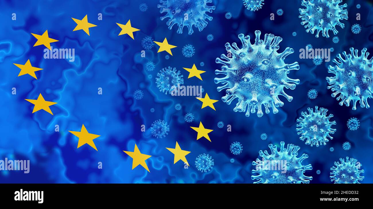 Focolaio di virus in Europa e nell'Unione europea covid-19 o background influenzale come pericolosi casi di ceppo influenzale nell'UE come un rischio medico pandemico. Foto Stock
