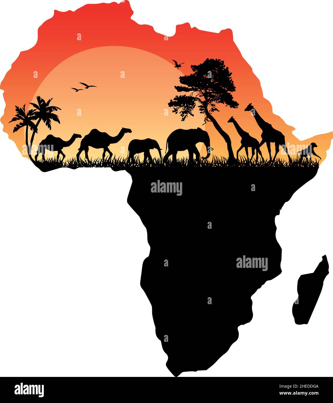 Africa mappa con animali selvatici silhouette, alberi e sole, illustrazione vettoriale su sfondo bianco Illustrazione Vettoriale