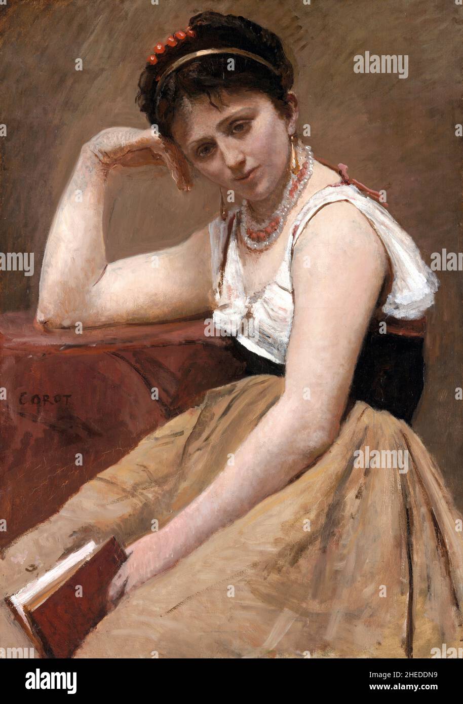 Camille Corot. Lettura interrotta da Jean-Baptiste-Camille Corot (1796-1875), olio su tela montato a bordo, c. 1870 Foto Stock