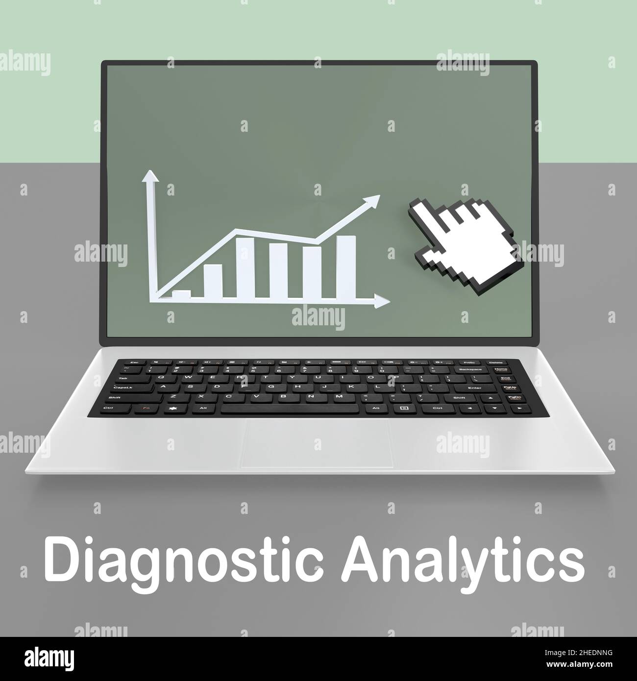 3D illustrazione di una mano simbolica che punta a un grafico visualizzato sullo schermo di un laptop, con lo script Diagnostic Analytics. Foto Stock