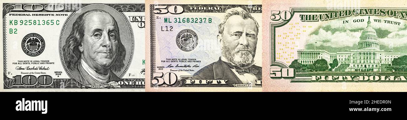 Banner denaro USA. La più grande denominazione di carta americana denaro. Dollaro fatture sfondo Foto Stock