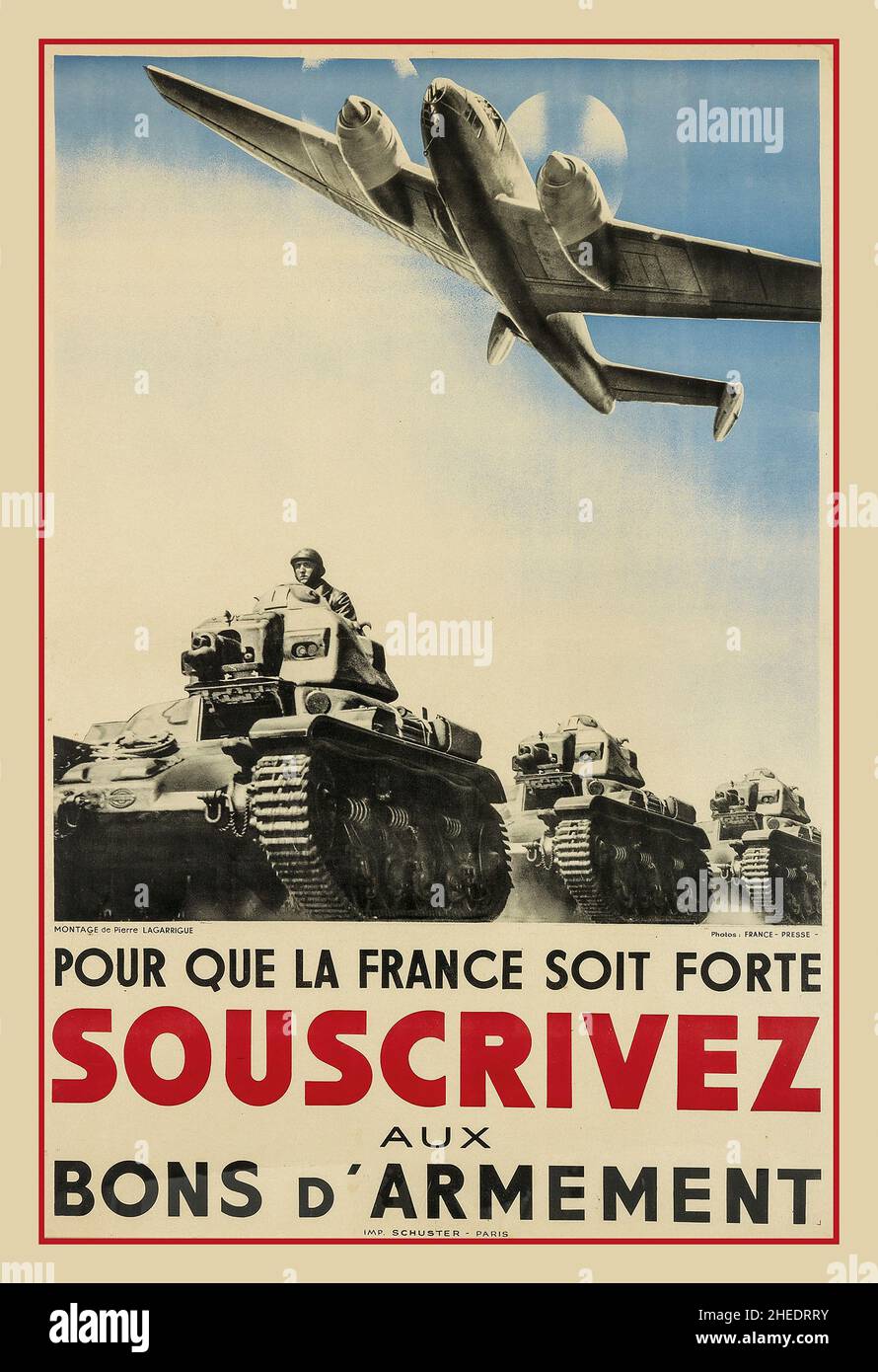 Poster vintage francese della seconda guerra mondiale 1938/39 "pour que la France soit forte soulscrivez aux Bons d'armement" per la Francia, per essere forte, iscriversi alle armi bond. WW2 Foto Montage artista: Pierre Lagarrigue Foto Stock