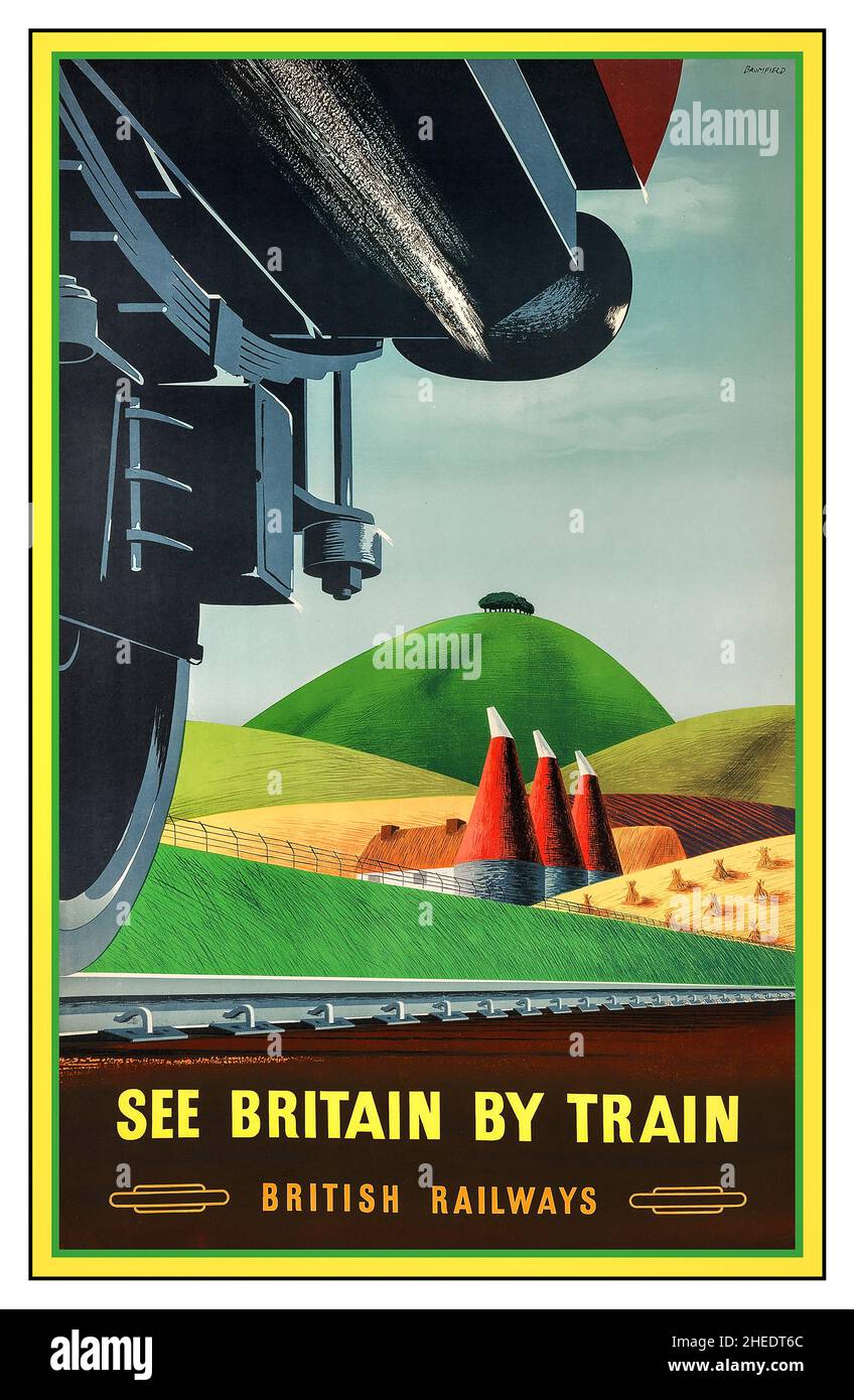 Poster ferroviario Vintage 1950s British Rail "See Britain by Train", con impianto di essiccazione Hop tipico delle Oast Houses nel Kent. "The Garden of England", di KENNETH BROMFIELD, artista grafico The Baynard Press, Londra. Foto Stock