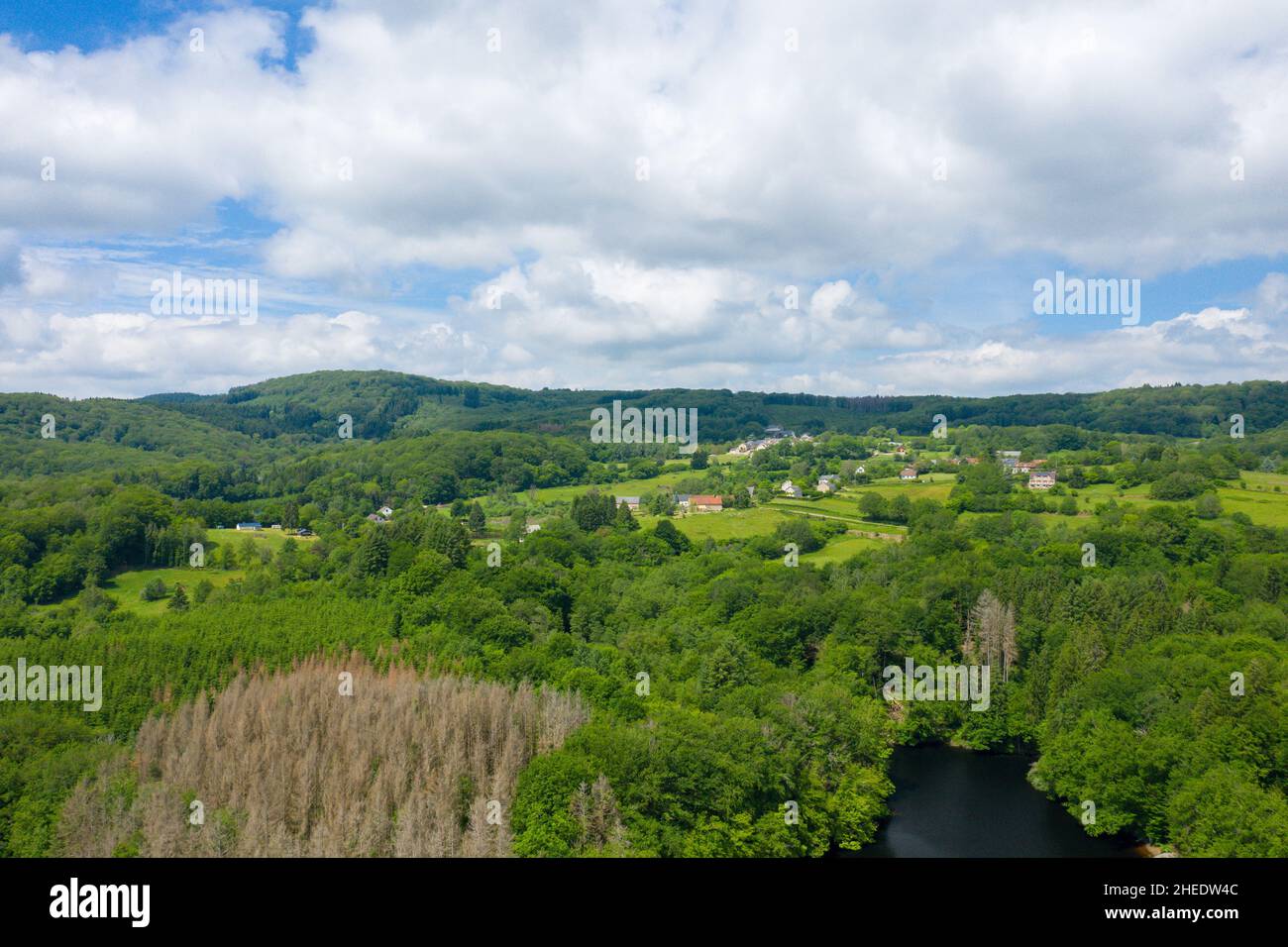 Questa foto di paesaggio è stata scattata in Europa, Francia, Borgogna, Nievre, Morvan, in estate. Vediamo i campi e le foreste nella campagna, sotto il sole Foto Stock