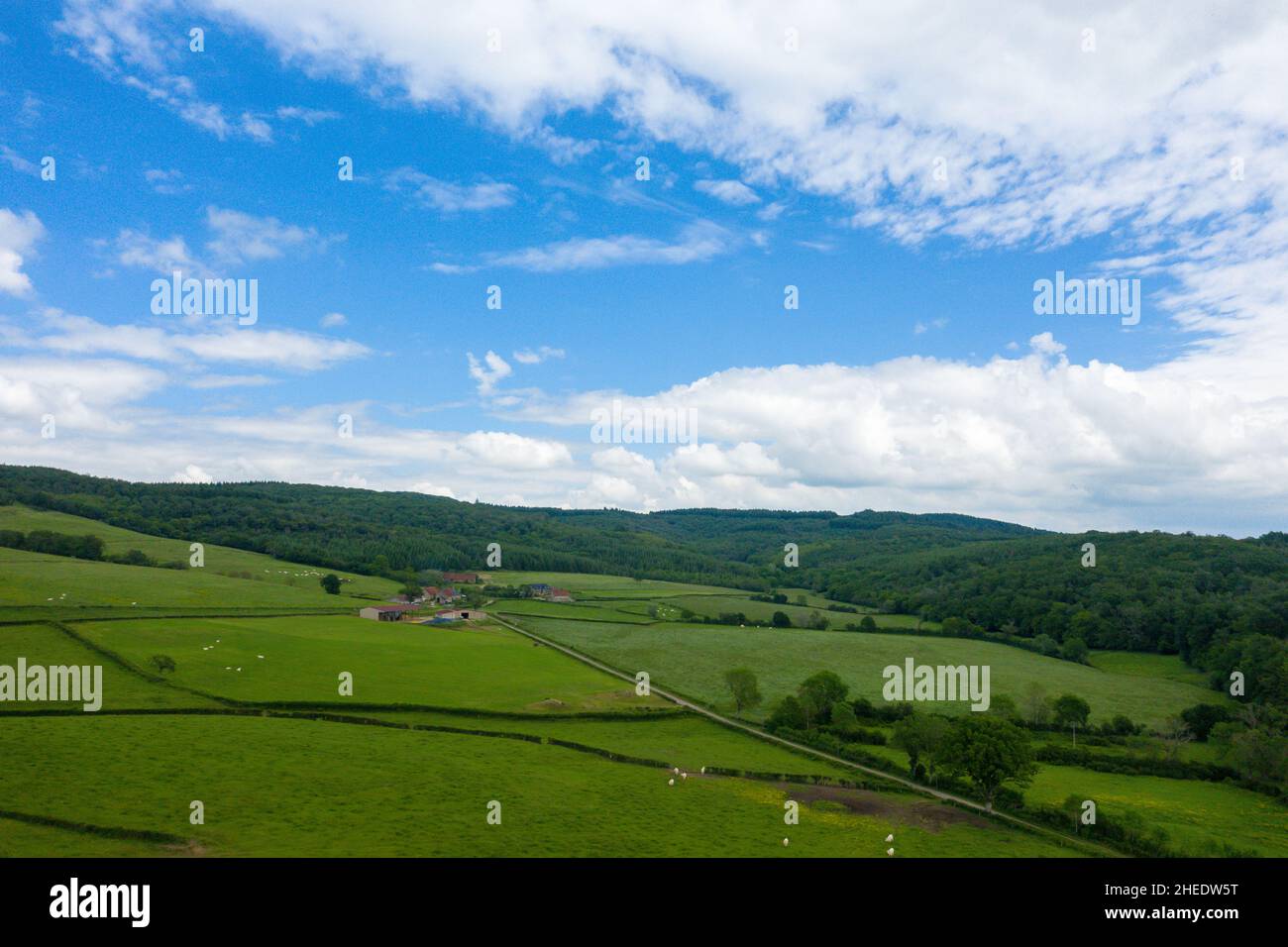 Questa foto di paesaggio è stata scattata in Europa, Francia, Borgogna, Nievre, Morvan, in estate. Possiamo vedere la Campagne con i suoi boschi e campi, sotto la S Foto Stock
