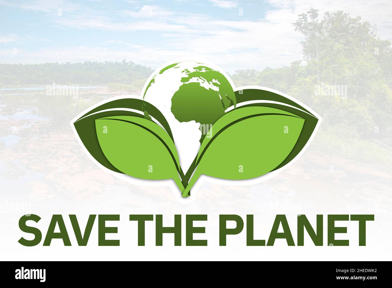 Salvare il pianeta: Pianeta e foglie verdi con sfondo naturale paesaggio Foto Stock