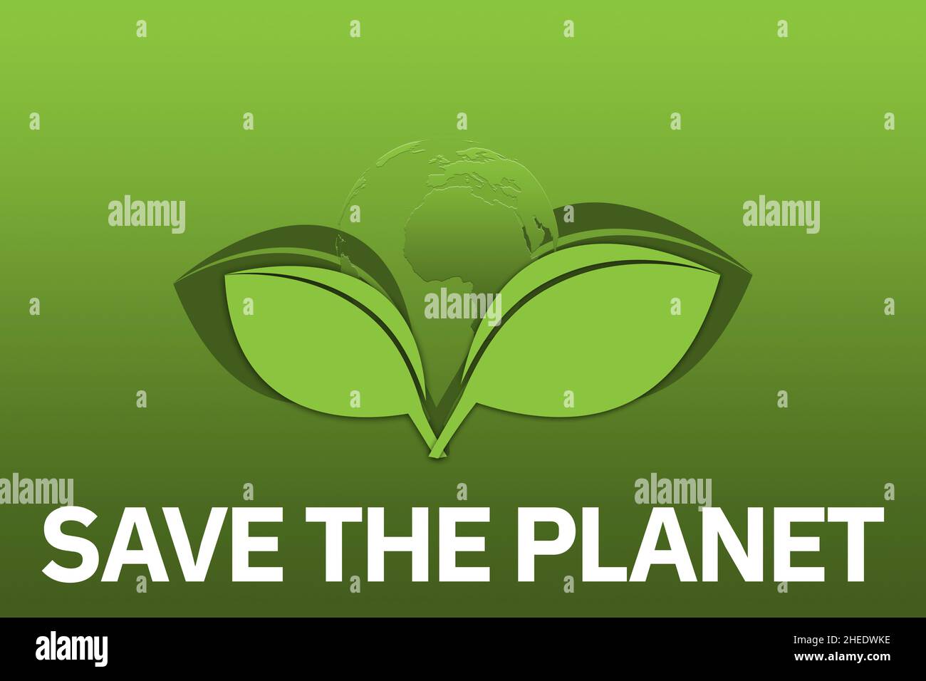 Salvare il pianeta: Pianeta e foglie verdi con sfondo verde Foto Stock