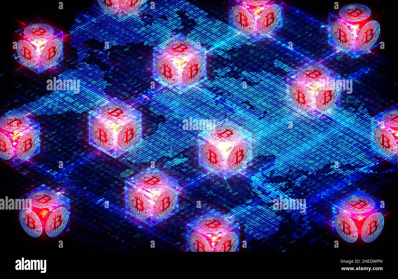 Blockchain nei pagamenti transfrontalieri con Bitcoin - adozione di Blockchain nei pagamenti - Peer-to-Peer Electronic Payment System - Illustrazione concettuale Foto Stock