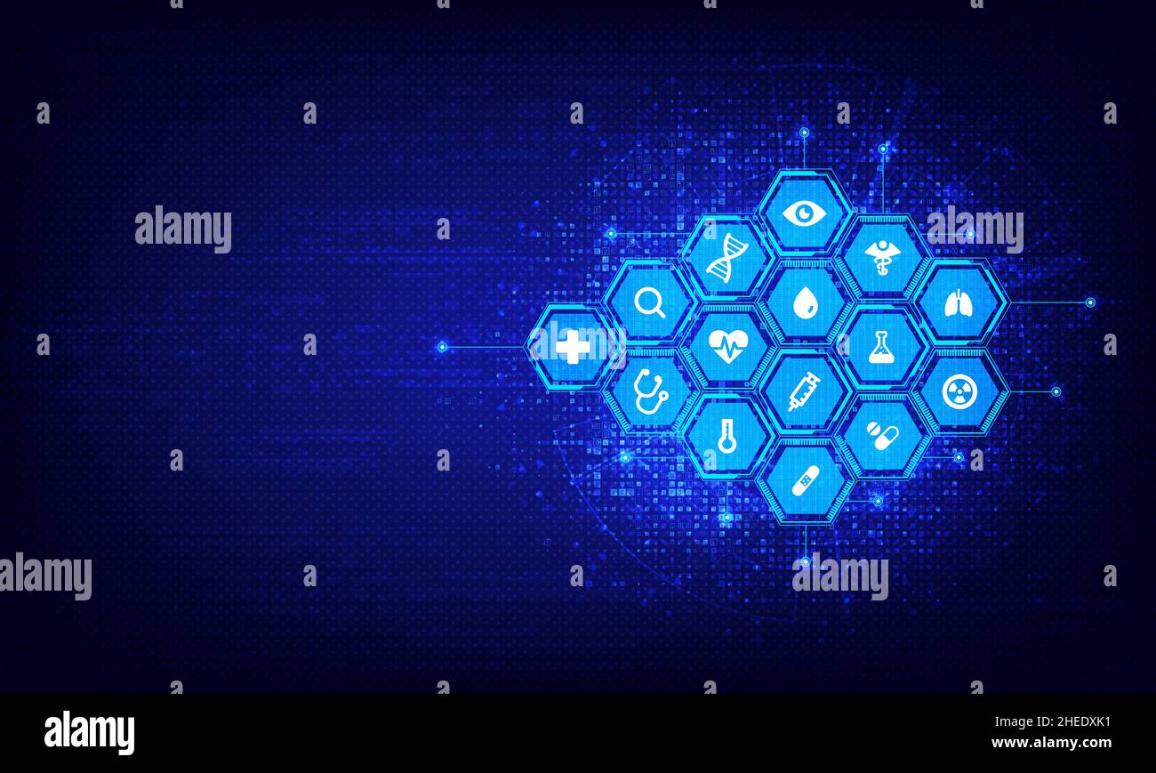 Ricerca clinica - Ricerca medica - tecnologia medica e concetto di scienza sanitaria con icone mediche su Tech background . Illustrazione con Cop Foto Stock