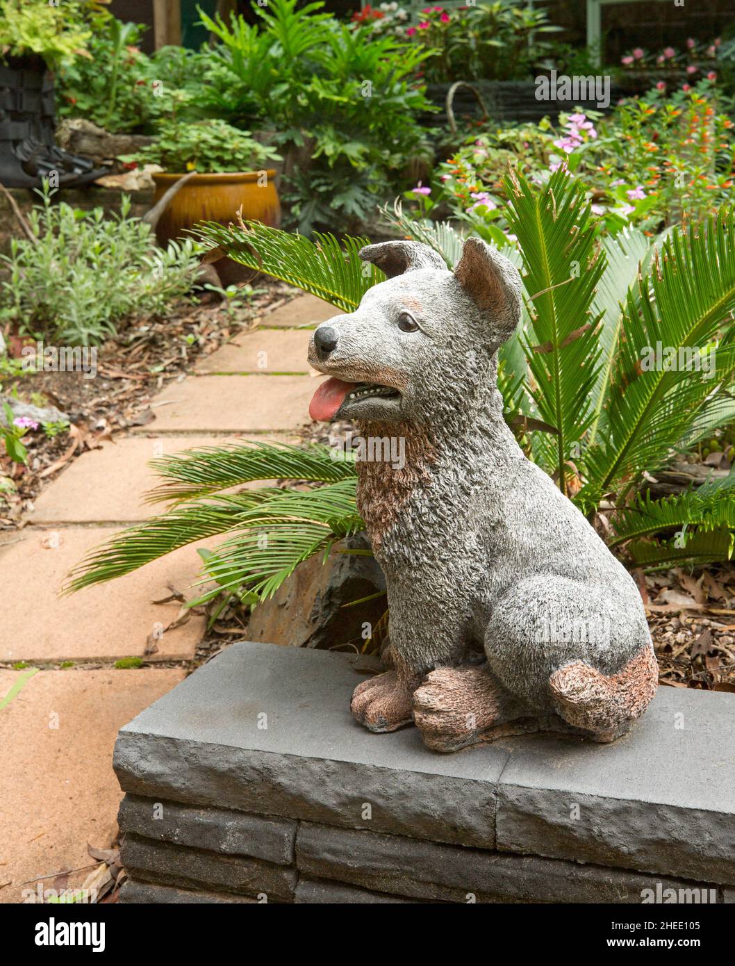 Grande ornamento giardino in cemento, statua di un cane felice, un cuccioli di cane bovino felice, con bocca aperta e lingua appesa, in un giardino Foto Stock