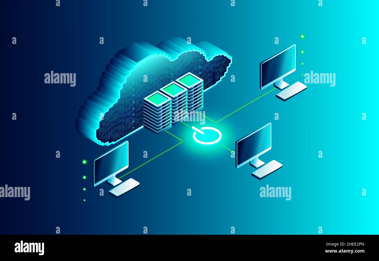 Concetto di cloud computing - 3D Illustrazione dei computer connessi al cloud digitale Foto Stock