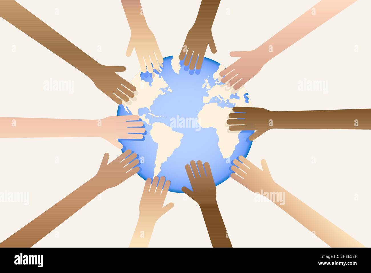 Mani multietniche in tutto il mondo Giornata della Terra, persone del mondo concetto. Illustrazione vettoriale Illustrazione Vettoriale