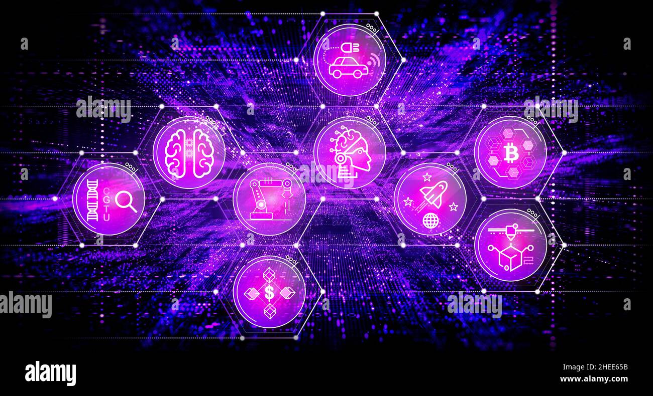 Innovazione dirompente - concetto di tecnologie dirompenti - Illustrazione con genomica, intelligenza artificiale, tecnologia finanziaria, Internet di nuova generazione, veicoli autonomi, Robotica, 3 Foto Stock