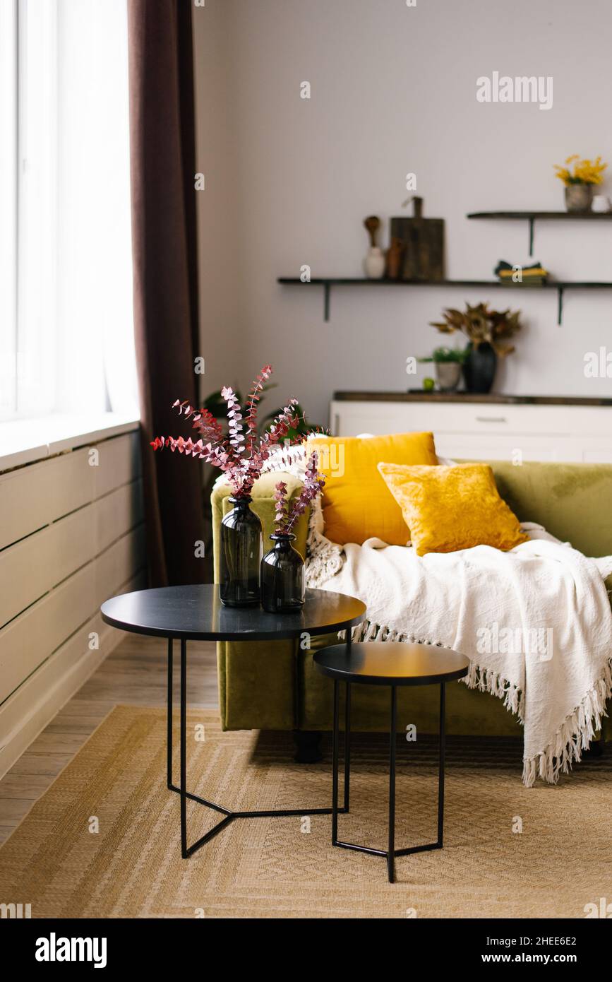 Un divano verde con cuscini gialli e un doppio nero Tavolino da caffè e coperta in un moderno stile scandinavo interno della camera Foto Stock