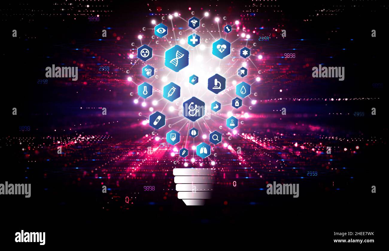 Concetto di tecnologia medica con lampadina su Abstract Tech background - MedTech Industry Illustration Foto Stock