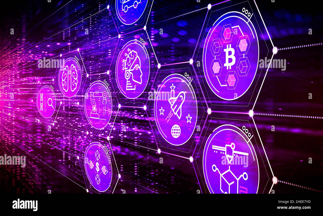 Nuovo concetto di tecnologie dirompenti - Illustrazione di innovazioni dirompenti come l'intelligenza artificiale, la stampa 3D, Autonomous e Electrical V Foto Stock