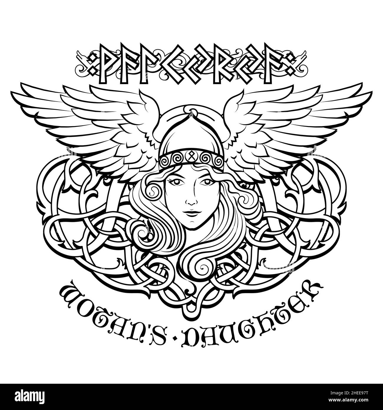 Viking Design. Valkyrie in un casco alato. Immagine di Valkyrie, una donna guerriero della mitologia scandinava Illustrazione Vettoriale