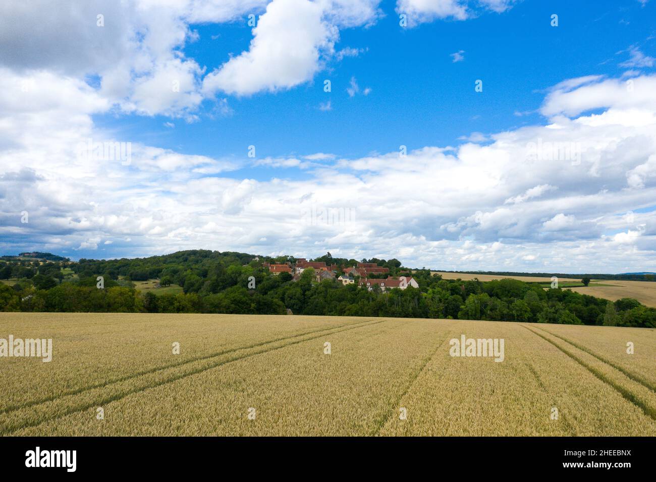 Questa foto di paesaggio è stata scattata in Europa, Francia, Borgogna, Nievre, in estate. Vediamo un campo di grano che si estende di fronte ad un vi francese tradizionale Foto Stock