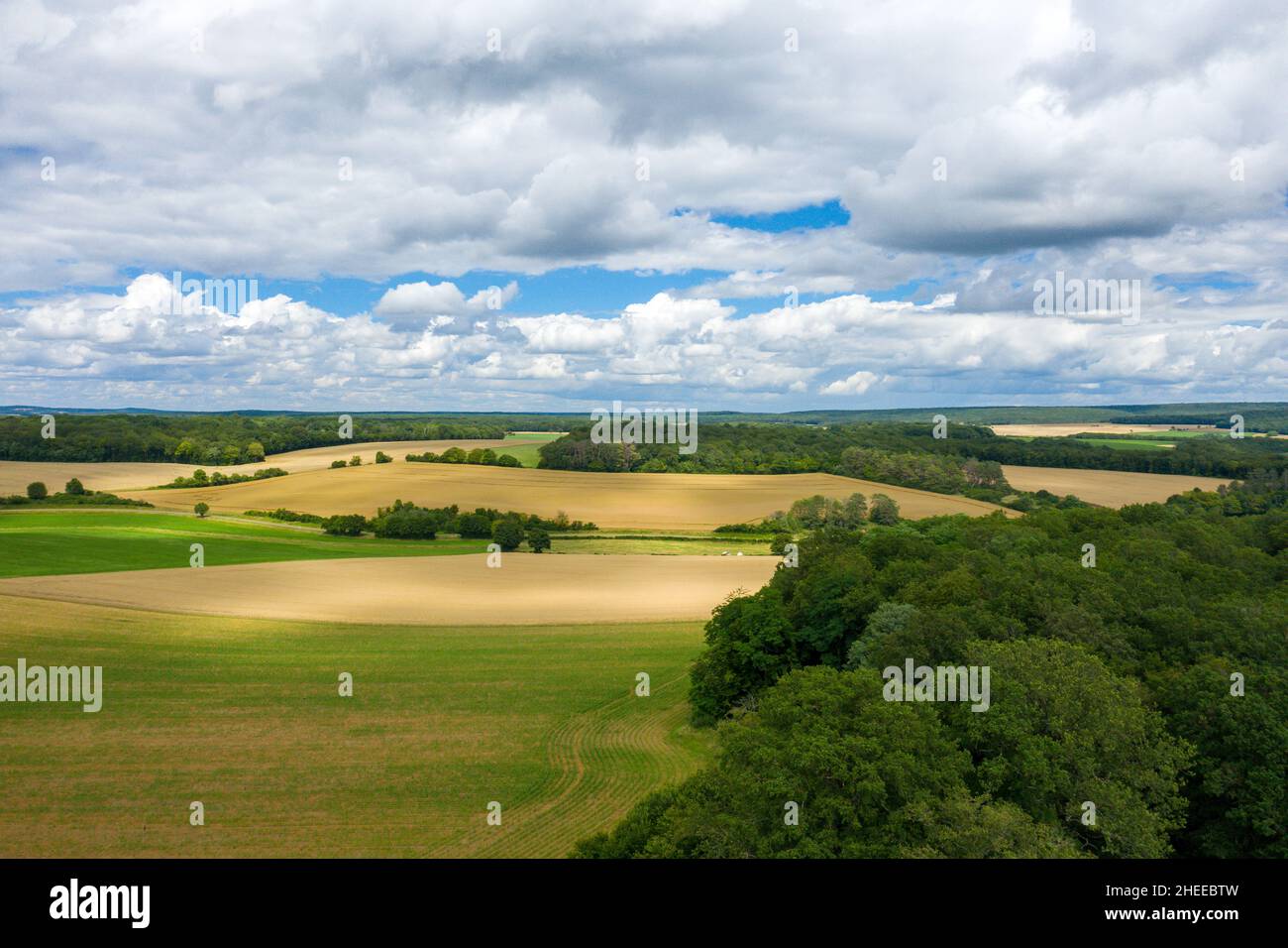 Questa foto di paesaggio è stata scattata in Europa, Francia, Borgogna, Nievre, in estate. Possiamo vedere la campagna francese dopo la vendemmia, sotto il Sole. Foto Stock