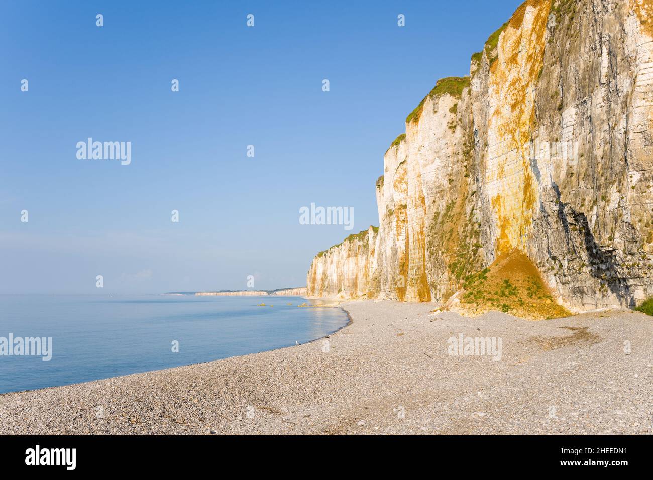 Questa foto di paesaggio è stata scattata in Europa, Francia, Normandia, in estate. Possiamo vedere le scogliere di gesso della campagna della Normandia, sotto il Sole. Foto Stock