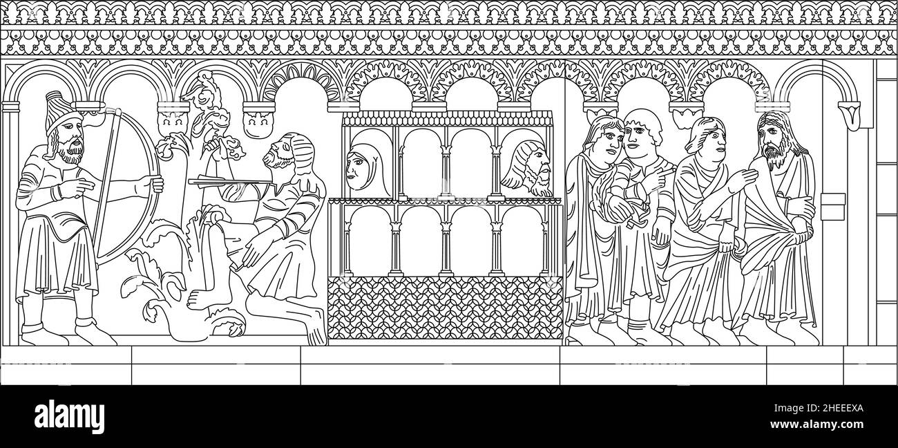 Bassorilievo romanico della cattedrale di Modena, Italia, ciclo di genesi, illustrazione vettoriale a linee su sfondo bianco, patrimonio mondiale dell'UNESCO Illustrazione Vettoriale