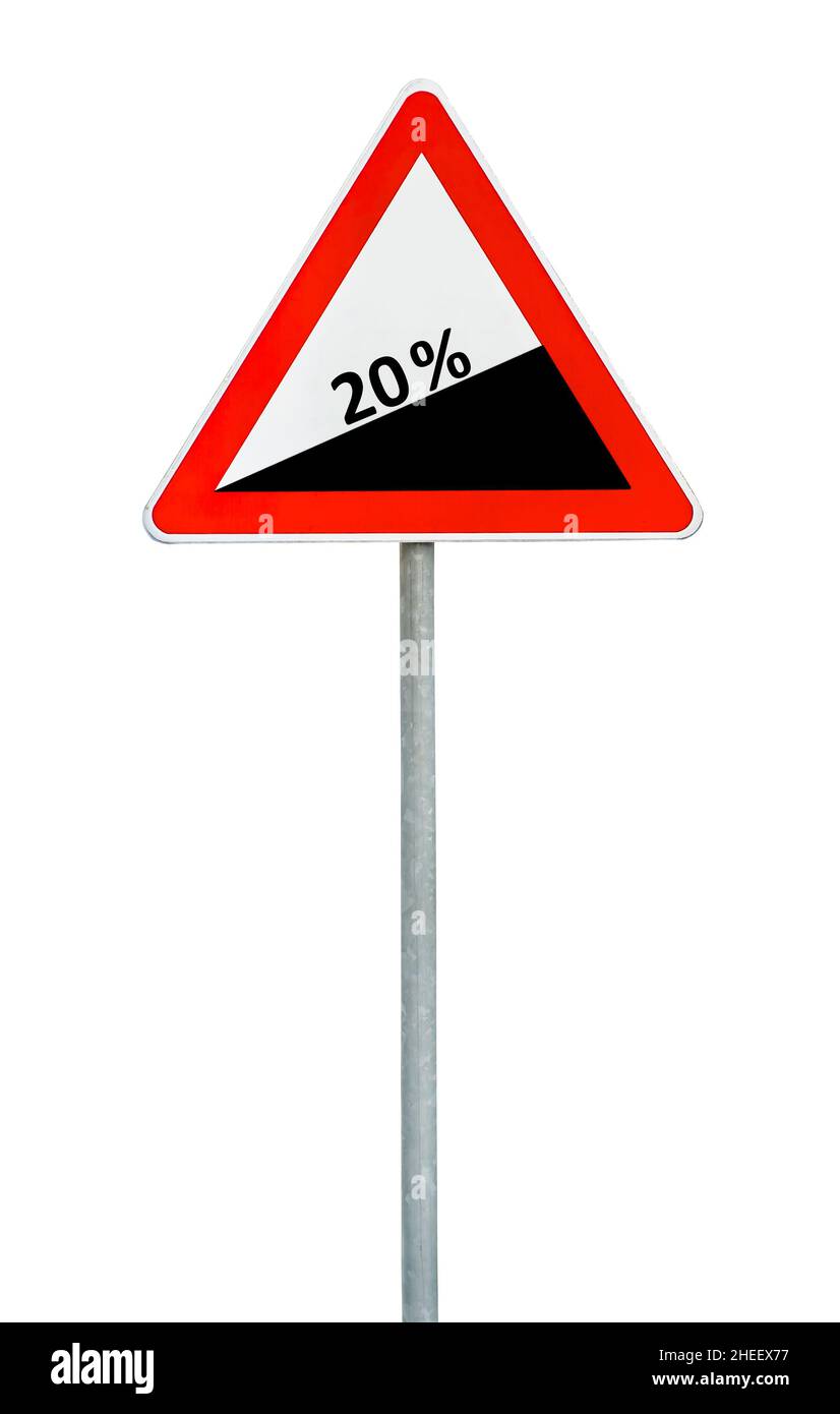 Cartello stradale triangolare discesa pericolosa su asta Foto stock - Alamy