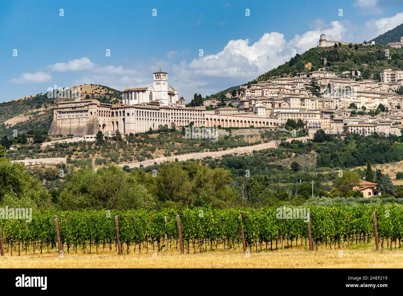 Vista su Assisi e sul complesso della Basilica di San Francesco d'Assisi. Assisi è uno dei luoghi più importanti di pellegrinaggio cristiano in Italia Foto Stock