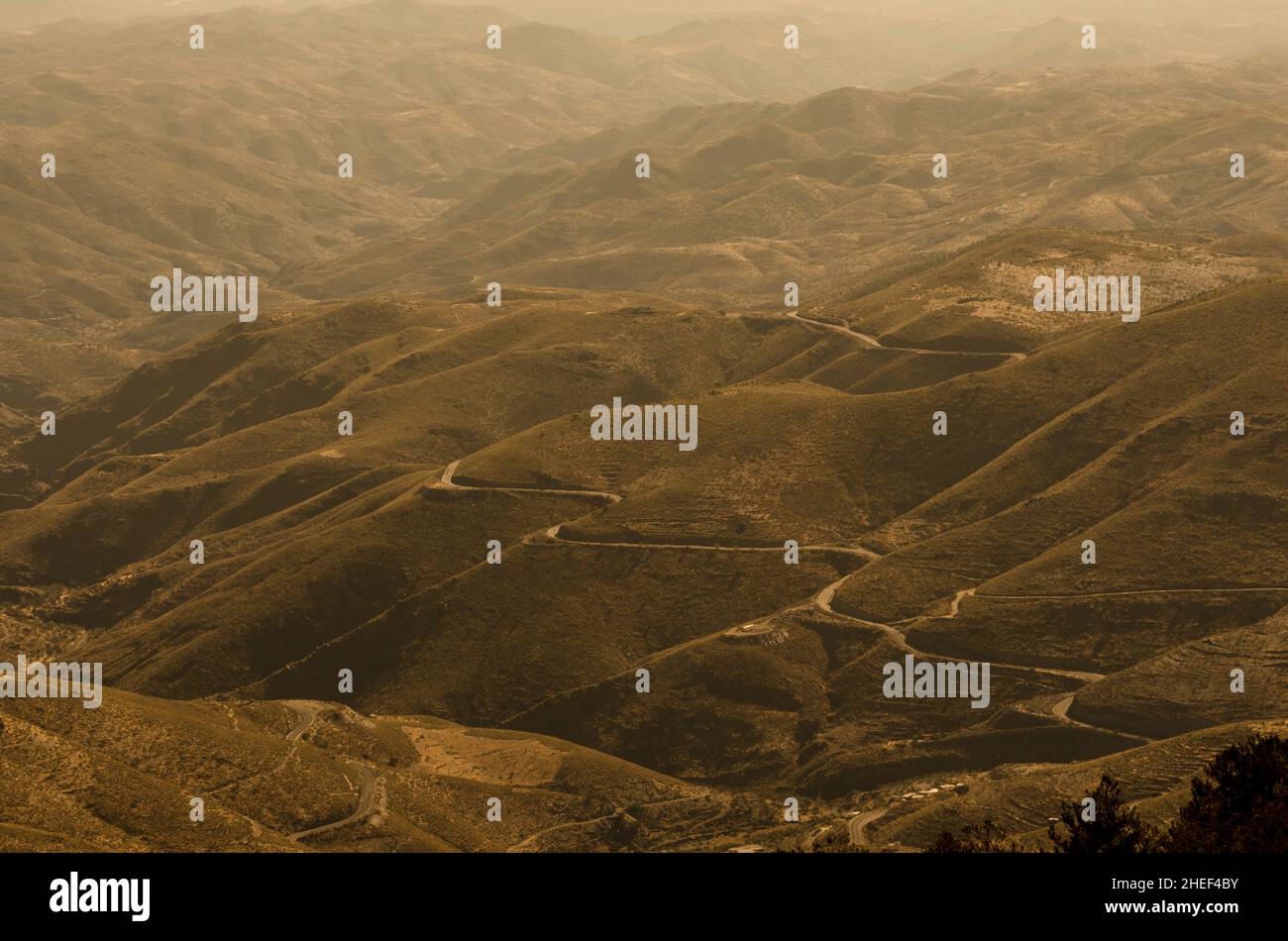 montagne, valli e gole di un deserto dove un sentiero desolato attraversa la desolazione Foto Stock