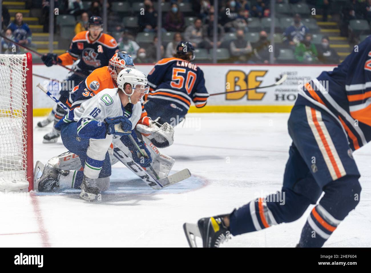 Navetta Abbotsford Canucks dell'Edmonton Oilers Farm Team, The Bakersfield Condors, domenica 9 gennaio 2022 presso l'Abbotsford Centre Foto Stock