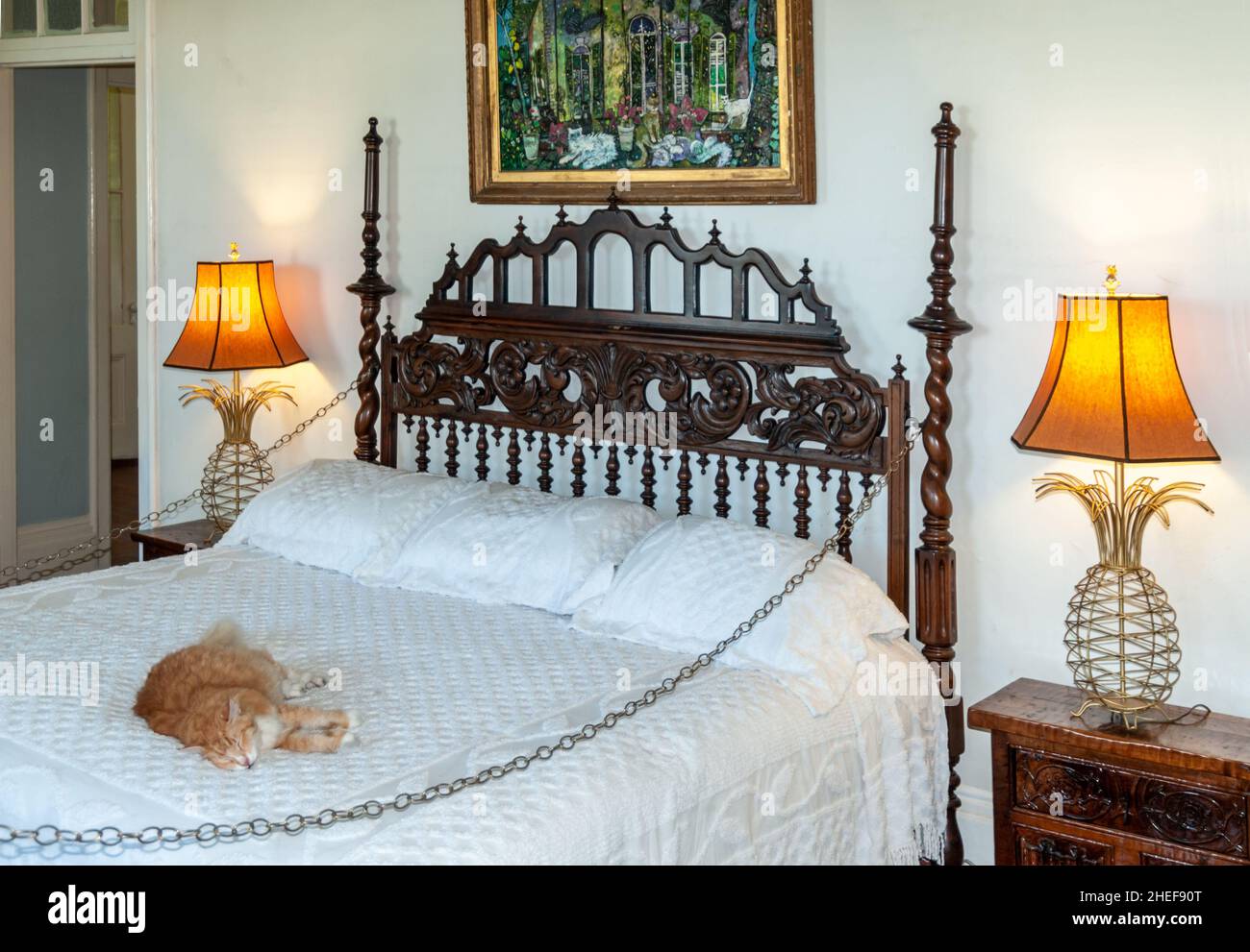 Key West, Ernest Heminway's House, Bedroom & Six Toed Cat Foto Stock