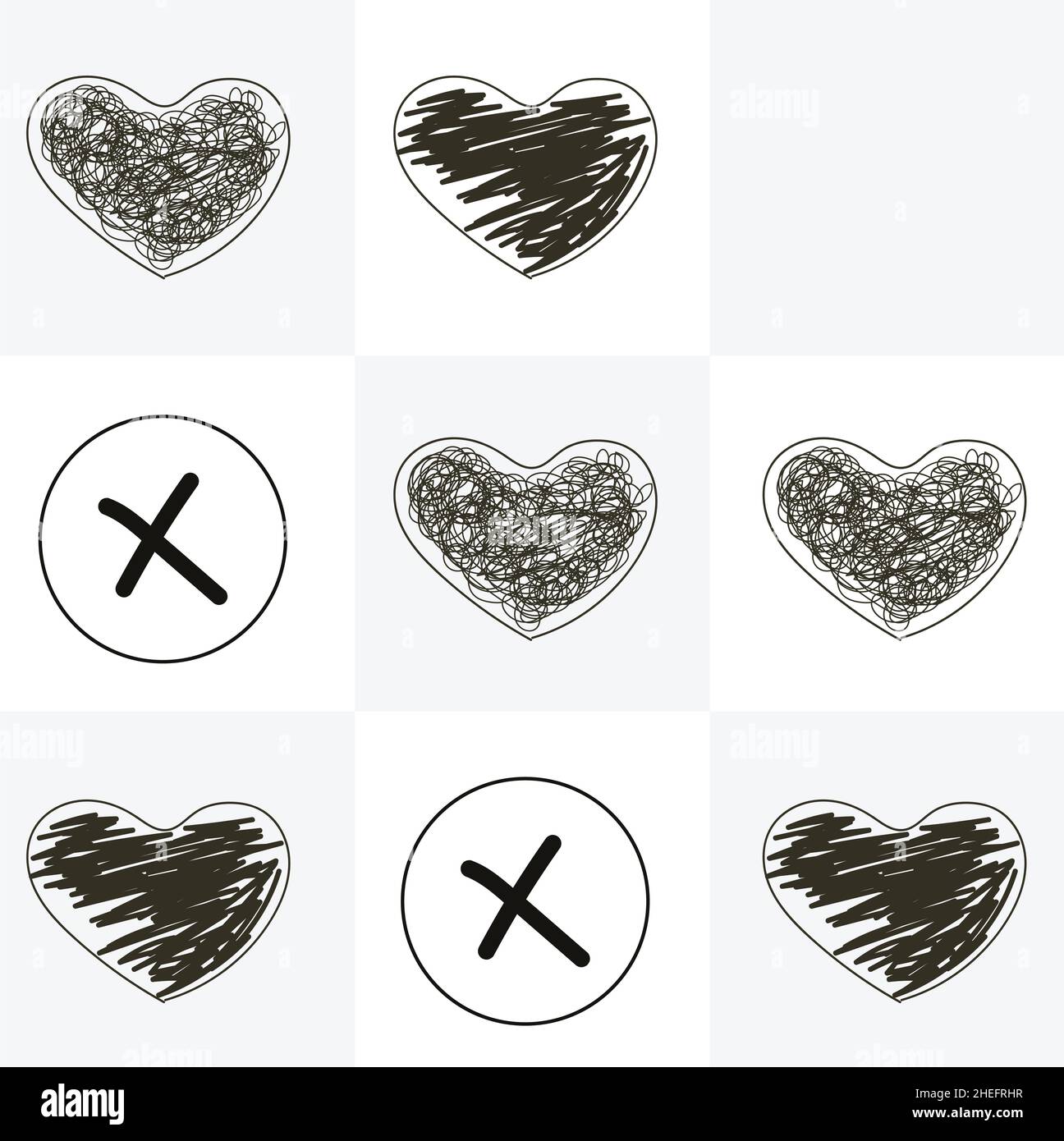 Concetti di San Valentino. Gioco Tic tac tep disegnato a mano con fondo croce e cuore. Illustrazione vettoriale Illustrazione Vettoriale