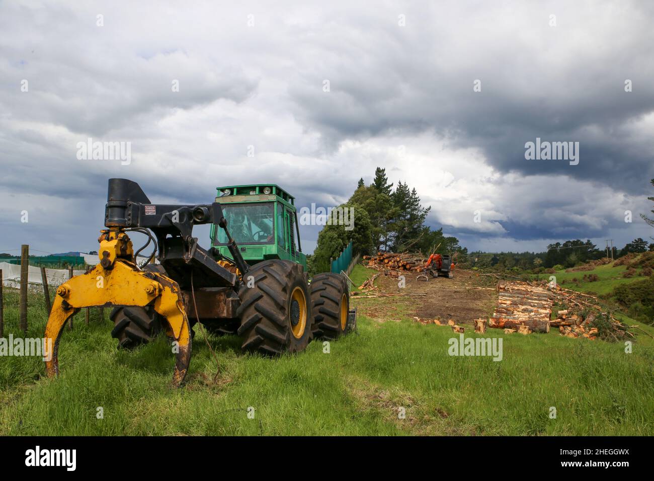 Macchinari forestali, utilizzati per cadere alberi di pino e impilare tronchi su terreno agricolo, sono parcheggiati per il fine settimana, Isola del Nord, Nuova Zelanda Foto Stock