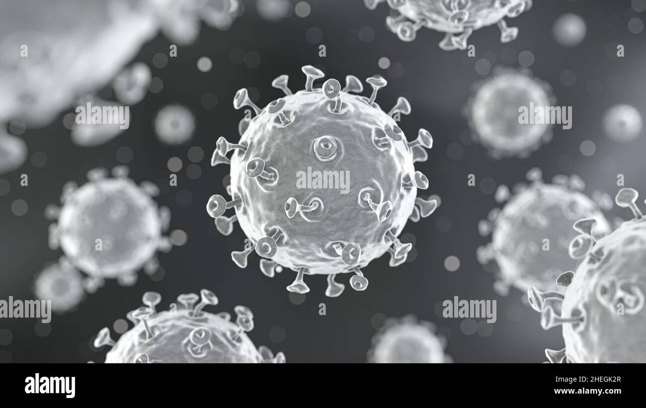 COVID-19 il virus Corona con la glicoproteina di picco galleggia sull'aria con il bokeh di particelle di polvere. Sfondo di colore bianco e nero scuro. 3D rendering Foto Stock