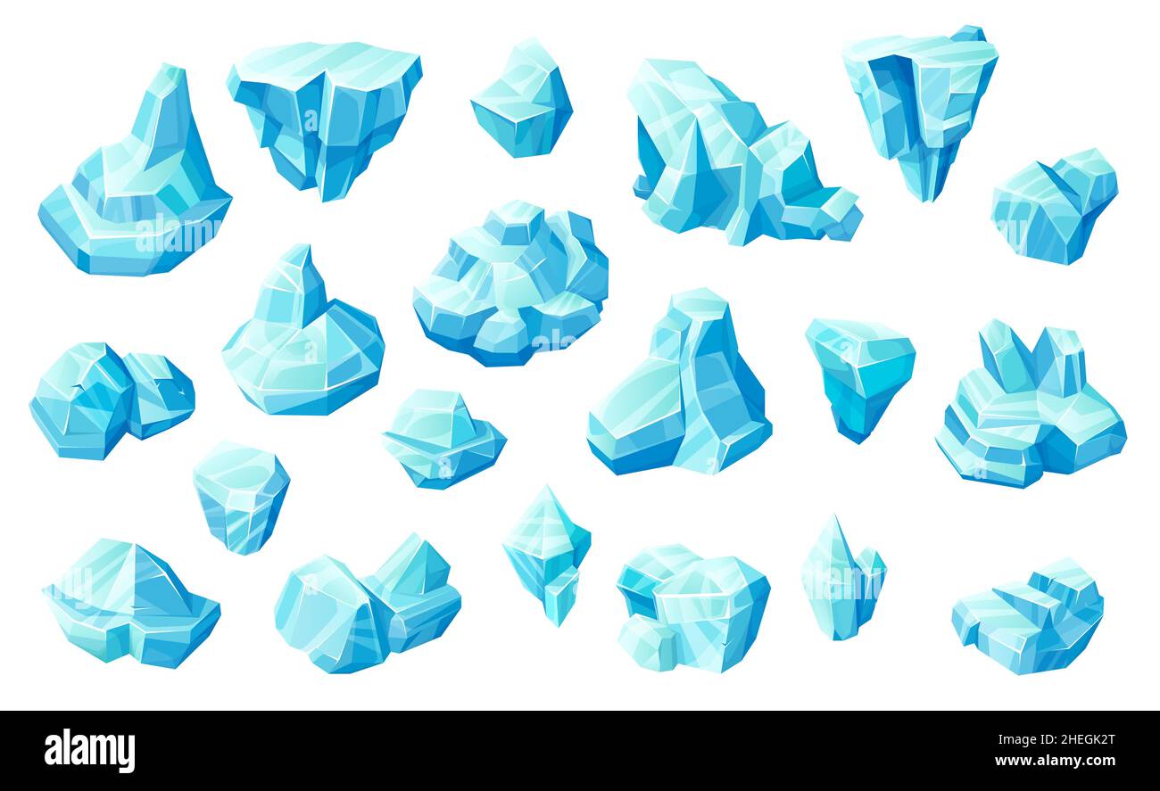 Cubetti di ghiaccio e cristalli, blocchi blu congelati asset gioco. Cartoni animati, iceberg, pietre magiche, carri vettoriali ghiacciati, saline minerali o stalagmiti rupestri. Circa Illustrazione Vettoriale