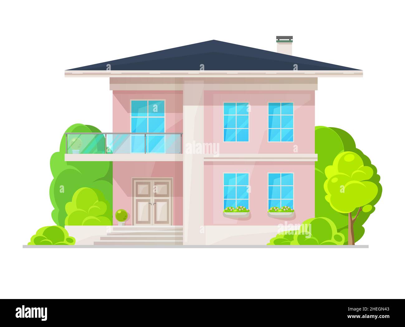 Casa suburbana a due piani con balcone, esterno dell'edificio. Facciata in pietra rosa vettoriale con scale bianche e tetto spiovente. Lusso residenziale cottag Illustrazione Vettoriale