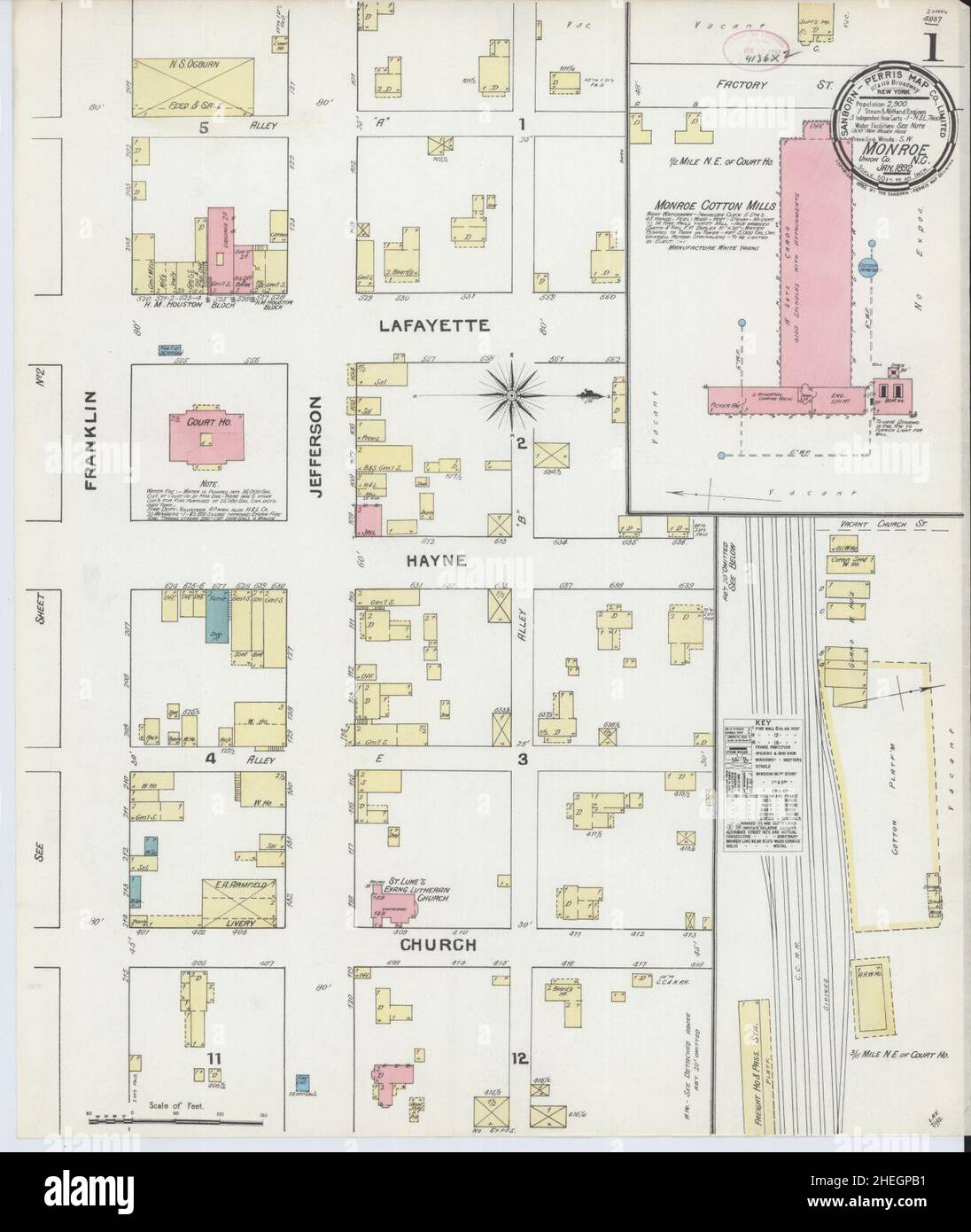 Sanborn Fire Insurance Map da Monroe, Union County, North Carolina. Foto Stock