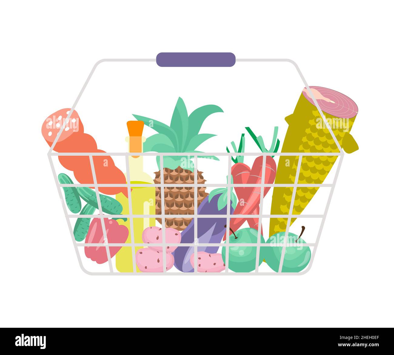 Cestino completo per lo shopping con vista sul lato anteriore del cibo. Illustrazione Flat Art Foto Stock