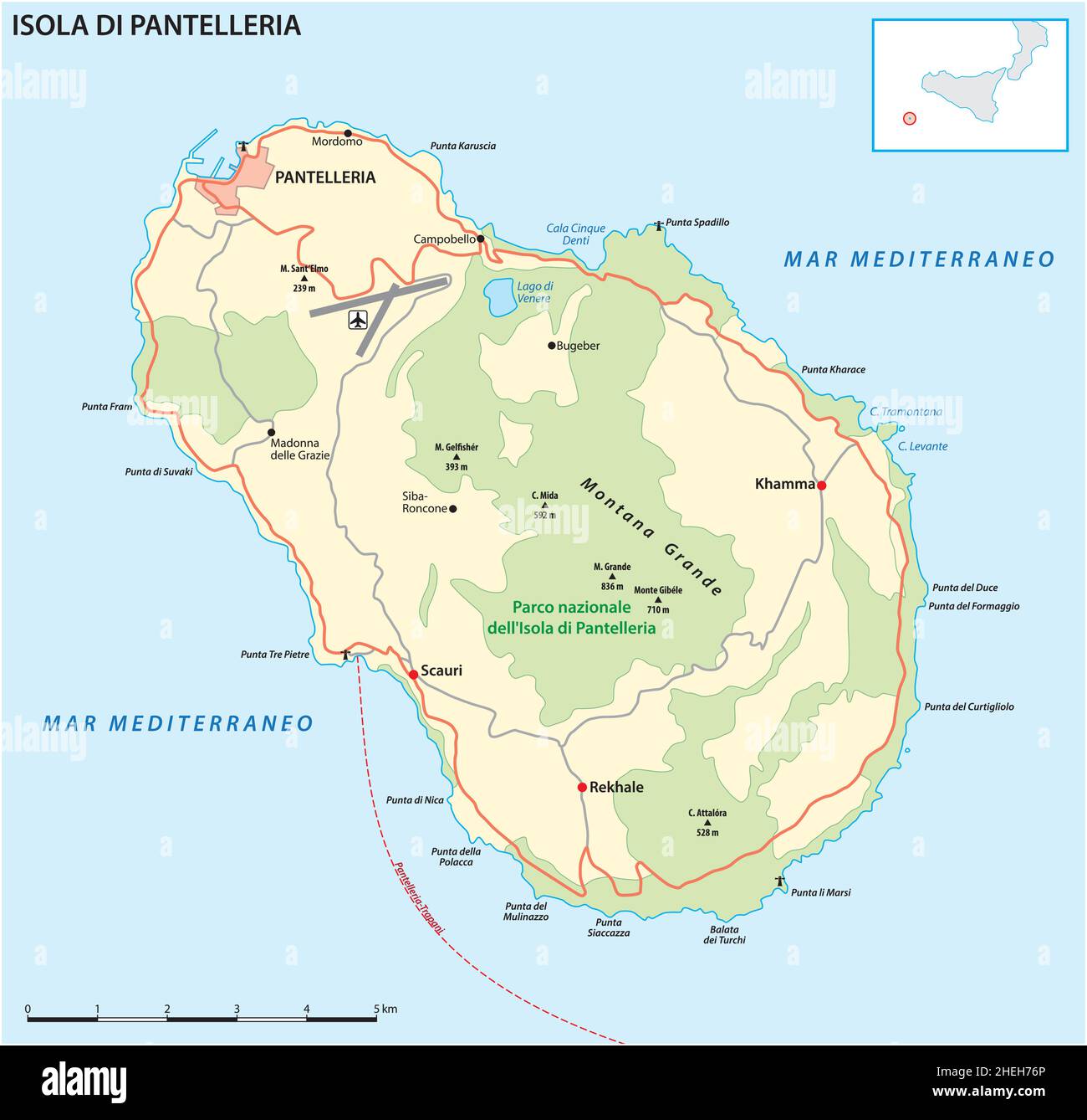 Mappa stradale vettoriale dell'isola vulcanica italiana di Pantelleria, Sicilia, Italia Illustrazione Vettoriale