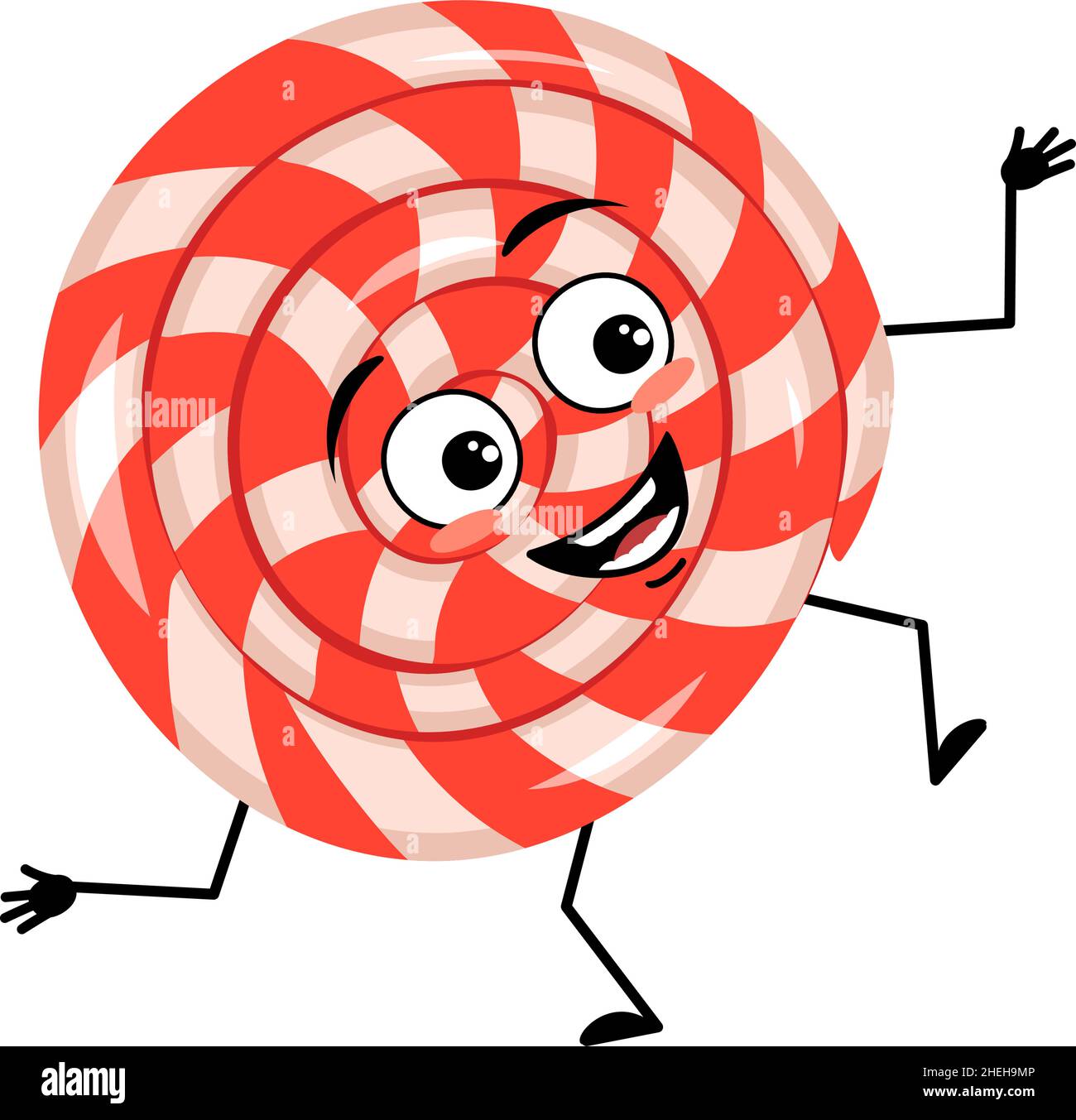 Simpatico personaggio lollipop con emozioni felici, viso, sorriso, occhi, braccia e gambe. Allegro dolce caramella persona Illustrazione Vettoriale