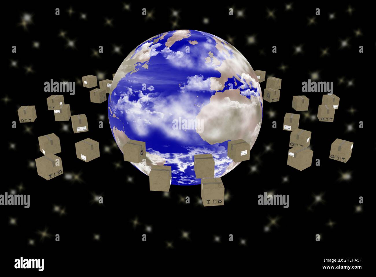Illustrazione 3D. Spedizione in tutto il mondo. I pacchi ruotano intorno al globo per essere consegnati. Foto Stock