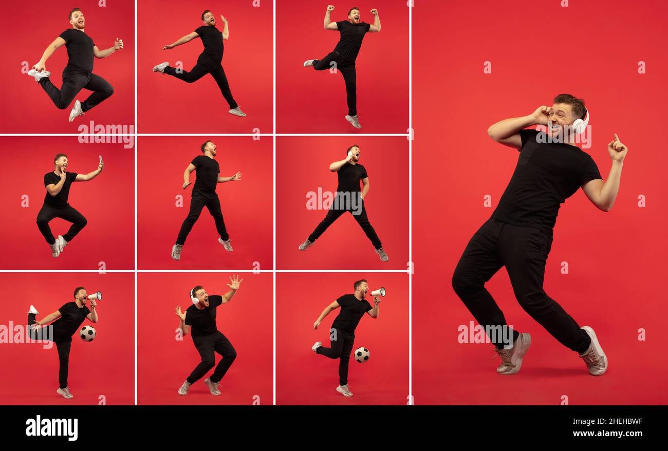 Set di ritratti di un giovane uomo emotivo che salta, divertendosi isolato su sfondo rosso. Composizione quadrata. Poster. Foto Stock