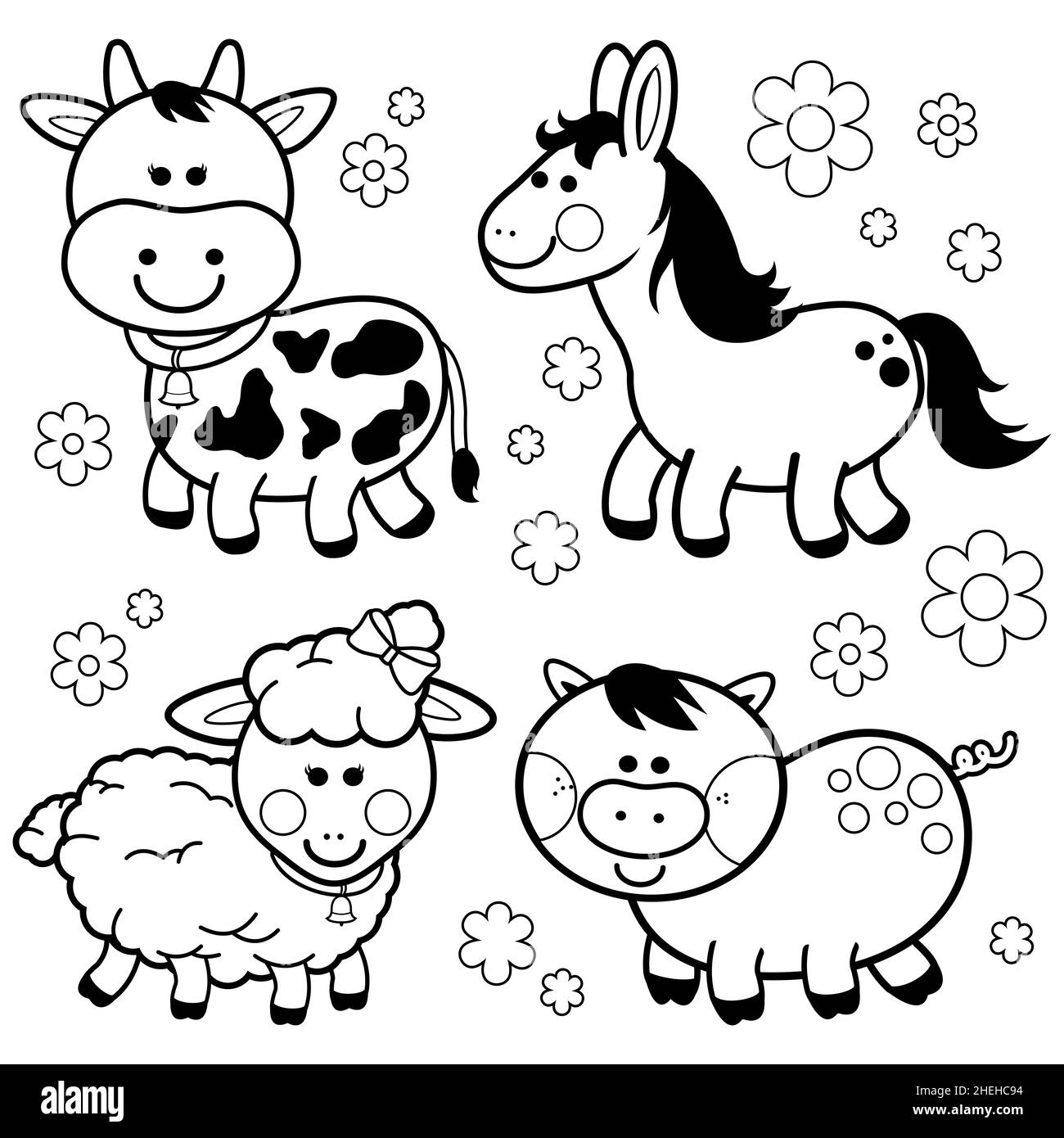 Raccolta di animali d'allevamento. Una mucca, un cavallo, una pecora e un maiale. Carino set di animali da fattoria a cartoni animati. Pagina da colorare in bianco e nero. Foto Stock