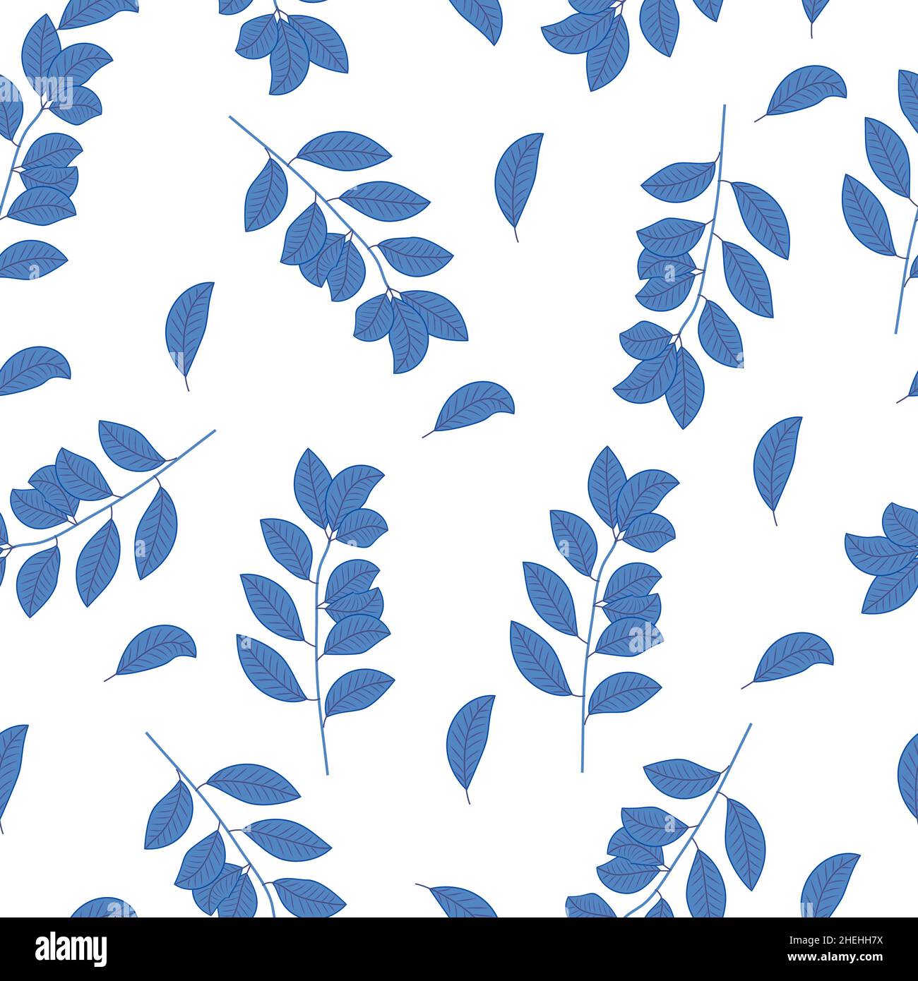 Pattern blu senza giunture con rami e foglie disegnate in vettore. Motivi naturali sfondo. Illustrazione Vettoriale