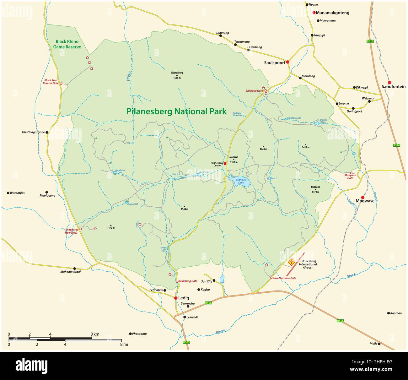 Mappa vettoriale del Parco Nazionale del Sud Africa di Pilanesberg, Provincia Nord Ovest, Sudafrica Illustrazione Vettoriale