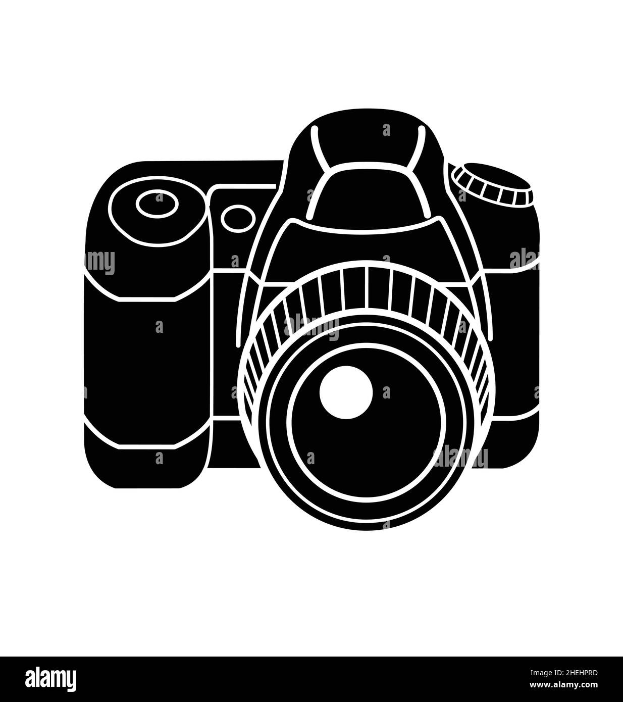 semplice illustrazione di una fotocamera cartoon grigio scuro nero reflex digitale reflex digitale contorno linea silhouette vettoriale isolato su sfondo bianco Illustrazione Vettoriale