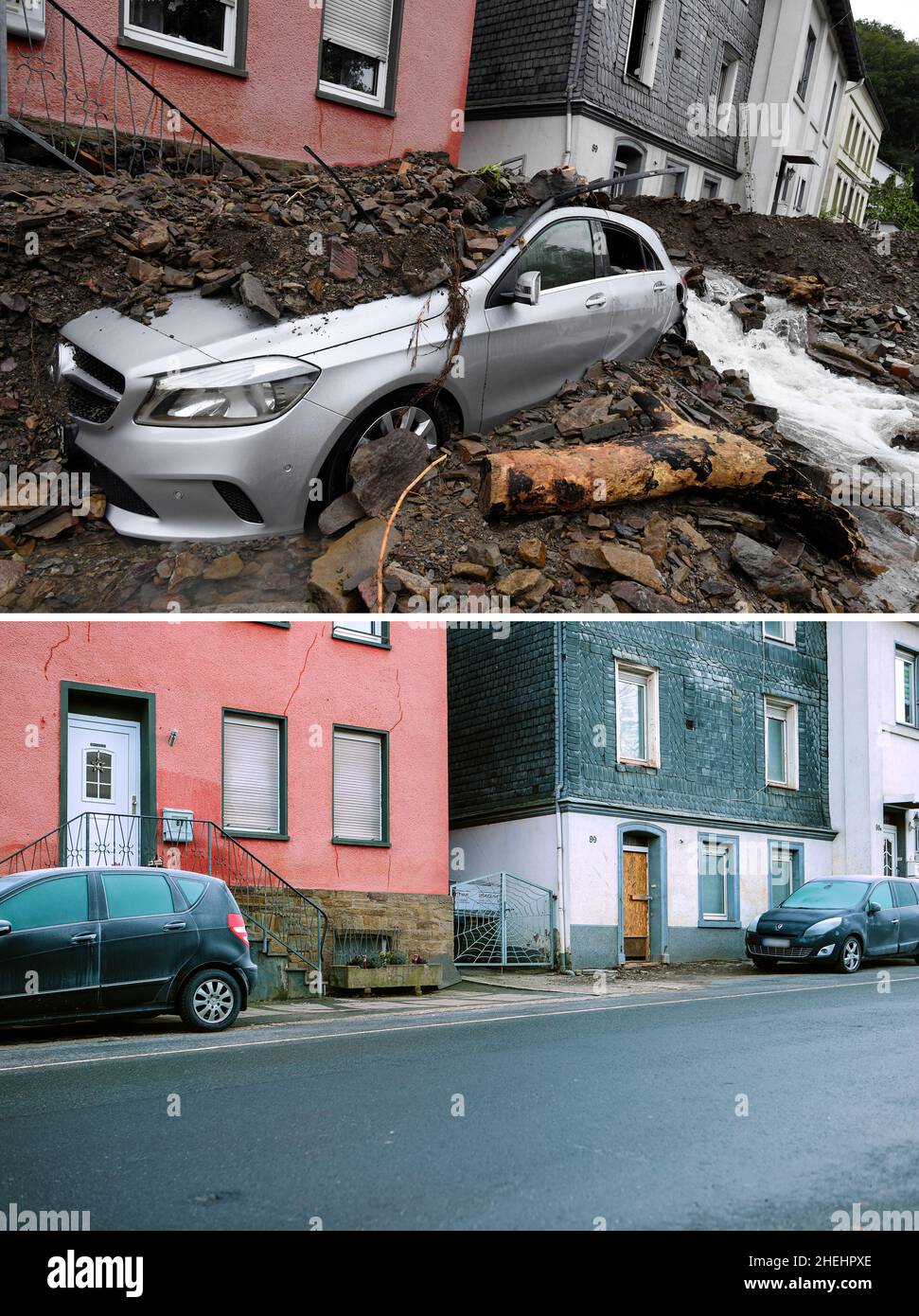 11 gennaio 2022, Renania settentrionale-Vestfalia, Hagen: KOMBO - il 15 luglio 2021, una macchina è coperta da detriti portati dall'alluvione del fiume Nahmerbach la notte prima (top). Quasi mezzo anno dopo, la strada è chiara, solo una porta di fronte a bordo rimane come promemoria della distruzione (in basso, 11 gennaio 2022). A metà luglio 2021, piogge e tempeste hanno causato inondazioni e distruzioni in molti luoghi. Nel Nord Reno-Westfalia, inizialmente ha colpito Hagen particolarmente duro. Le piste scivolavano verso il basso, le carreggiate allagate erano chiuse. Foto: Roberto Pfeil/Alex Talash/dpa - ATTENZIONE: Le targhe sono state pix Foto Stock