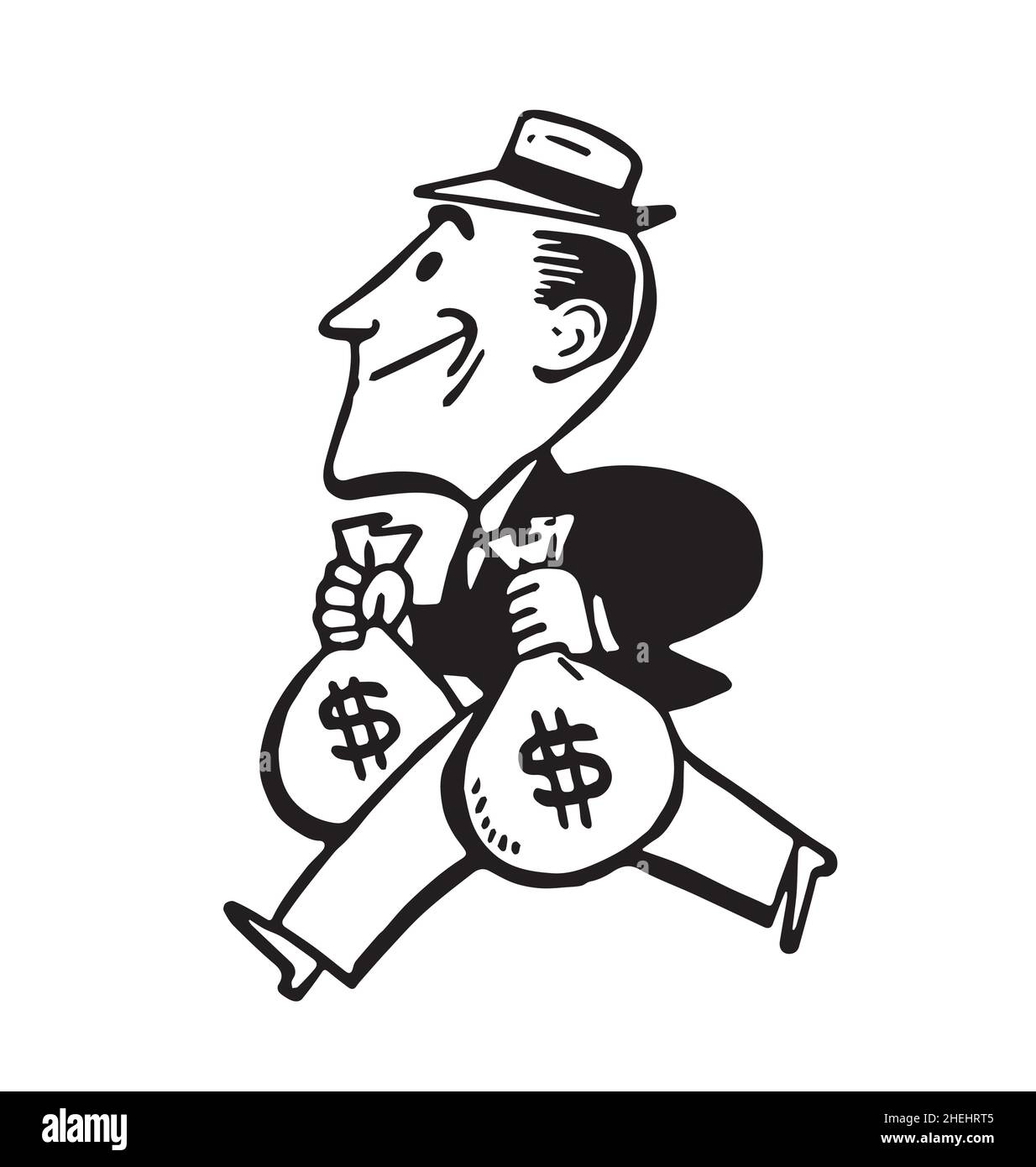 vintage retro cartoon ricco banchiere uomo personaggio trasporto borse di denaro denaro a piedi vista laterale inchiostro disegno vettore isolato su sfondo bianco Illustrazione Vettoriale