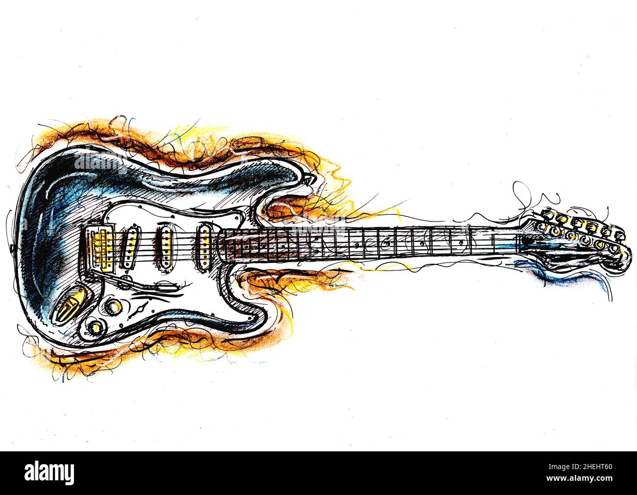 Disegno a mano in linea e colore pastello di una chitarra elettrica vintage  su sfondo bianco Foto stock - Alamy