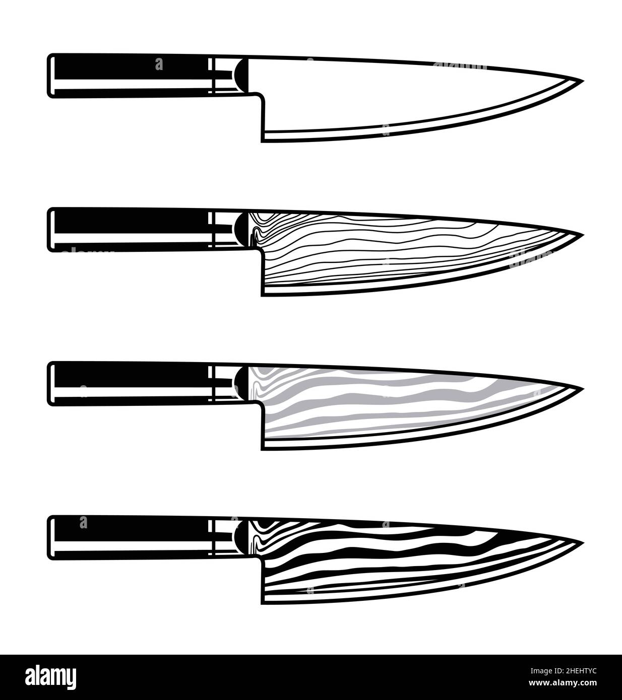 chefs coltello profilo linearet set damascus acciaio giapponese vettore isolato su sfondo bianco Illustrazione Vettoriale