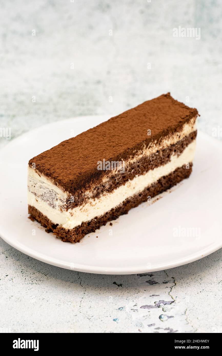 porzione di torta tiramisù su sfondo di pietra. Prelibatezze della cucina tradizionale del mondo. Primo piano. Foto Stock